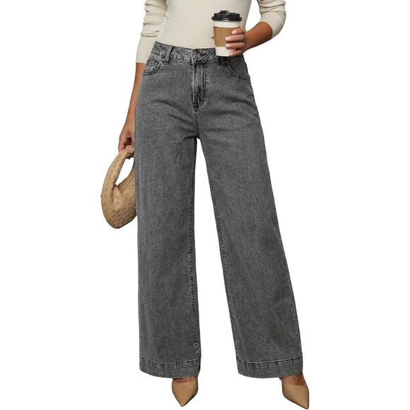 Denim - Women's Medium Grey Wide Leg Denim Jeans Stretchy Loose Pants with Pockets